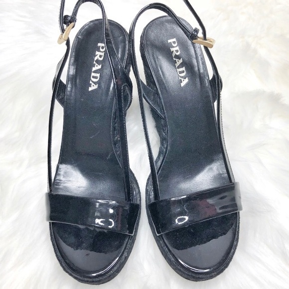 Prada Patient Leather Espadrille Wedges Sandals - Picture 3 of 9